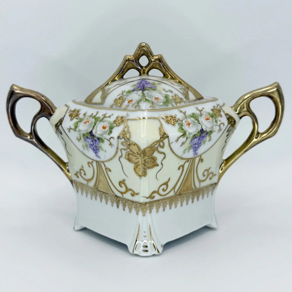 Vintage Silesia Porcelain Sugar Bowl with Lid Gold Gilt Floral Design‎ Coquette